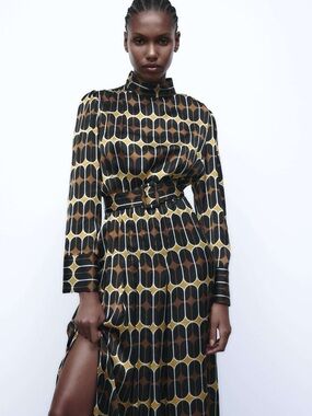 Zara Black and Brown Geometric Long-Sleeve Midi Dress